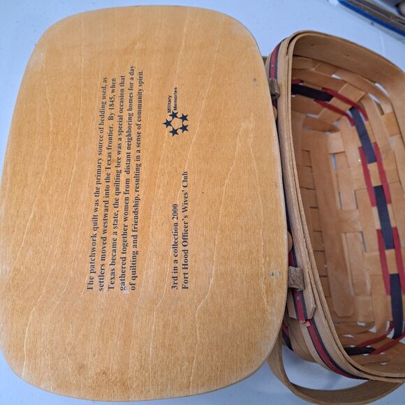 VTG Carnation Basket Wood Texas Military Fort Hood Officer Wives Club Quilt - Picture 2 of 15